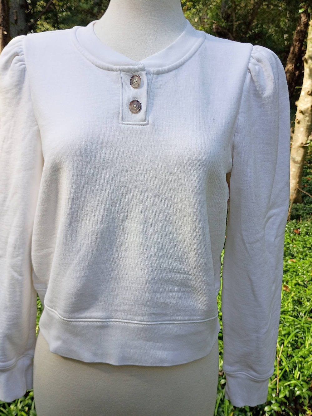 FRAME Denim Off-White Organic Cotton Puff Sleeve Henley Sweatshirt Size M